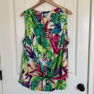 Chico's Sleeveless Blouse Womens Size XL (3) Tropical Flowy Knot Waist